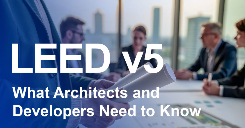 LEED v5: What Architects and Developers Need to Know showing an image of someone holding a roll of architectural drawings with people grouped around a table in an office in the background.