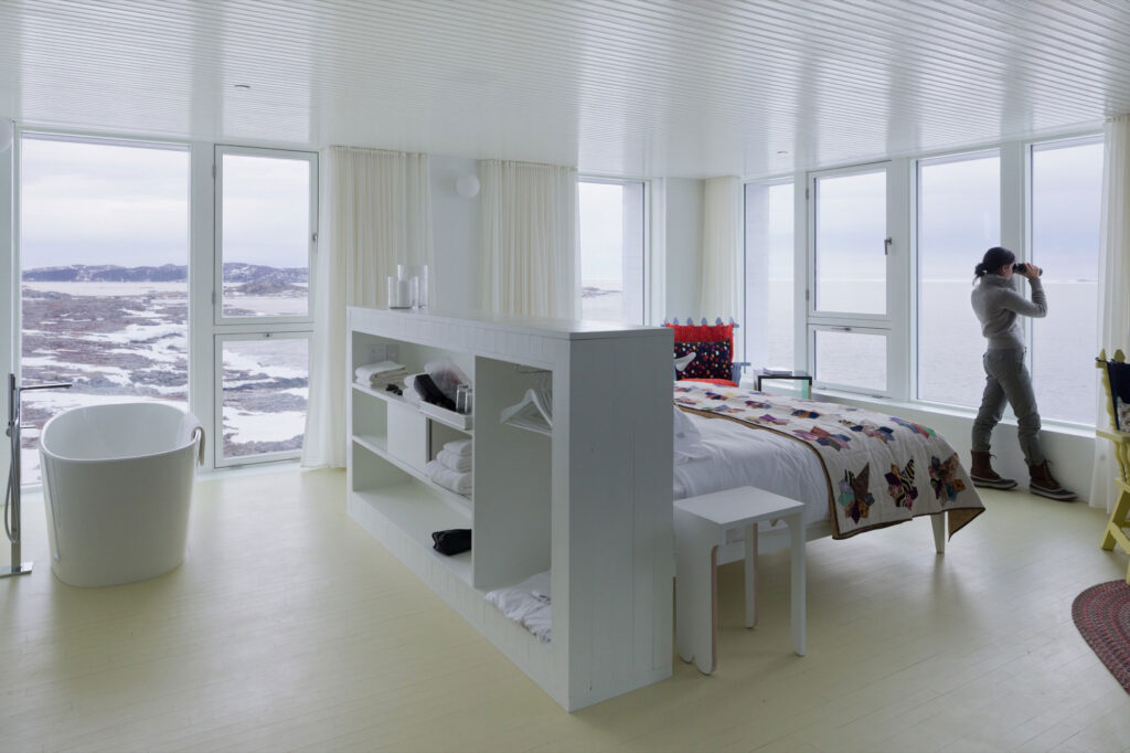 The interior of a private hotel room at the Fogo Island Inn.